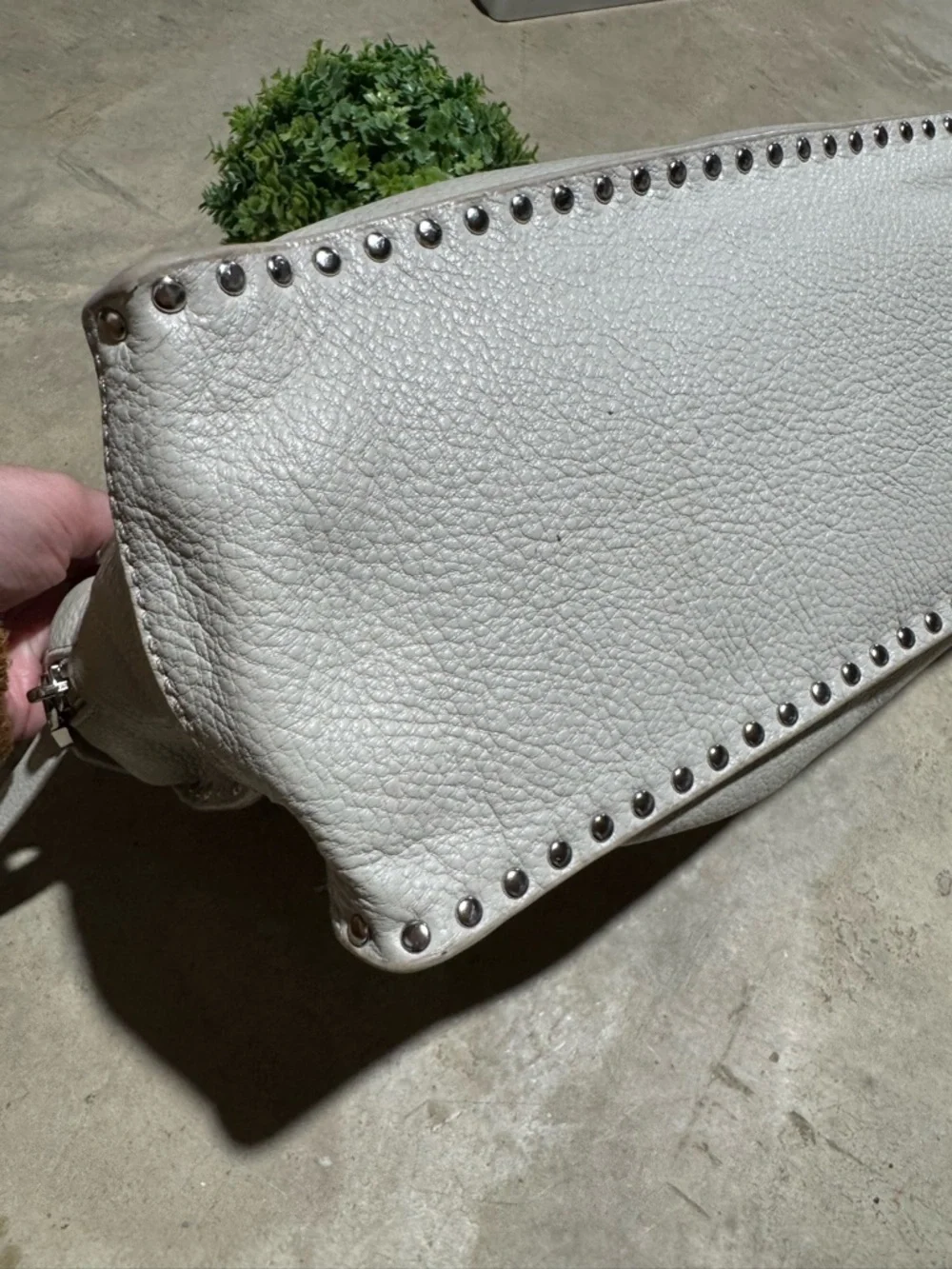 Michael Kors Astor Large Leather Satchel Bag Purse Studded Light Gray Shoulder